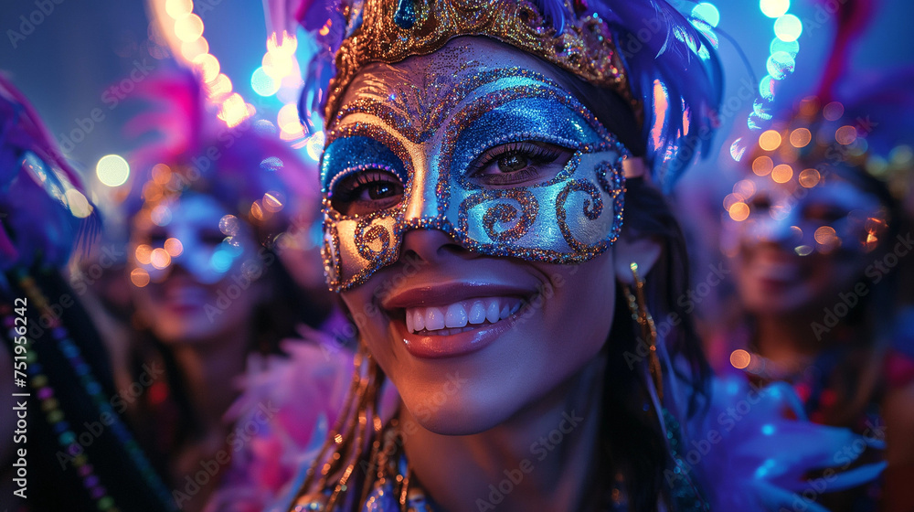 A girl wearing a Mardi Gras mask during a parade and celebration at night