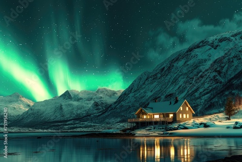 A house by the lake is illuminated by the Northern Lights in this idyllic scene on a brisk winter's night, with the mountains serving as a breathtaking backdrop. 8k