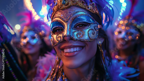 A girl wearing a Mardi Gras mask during a parade and celebration at night