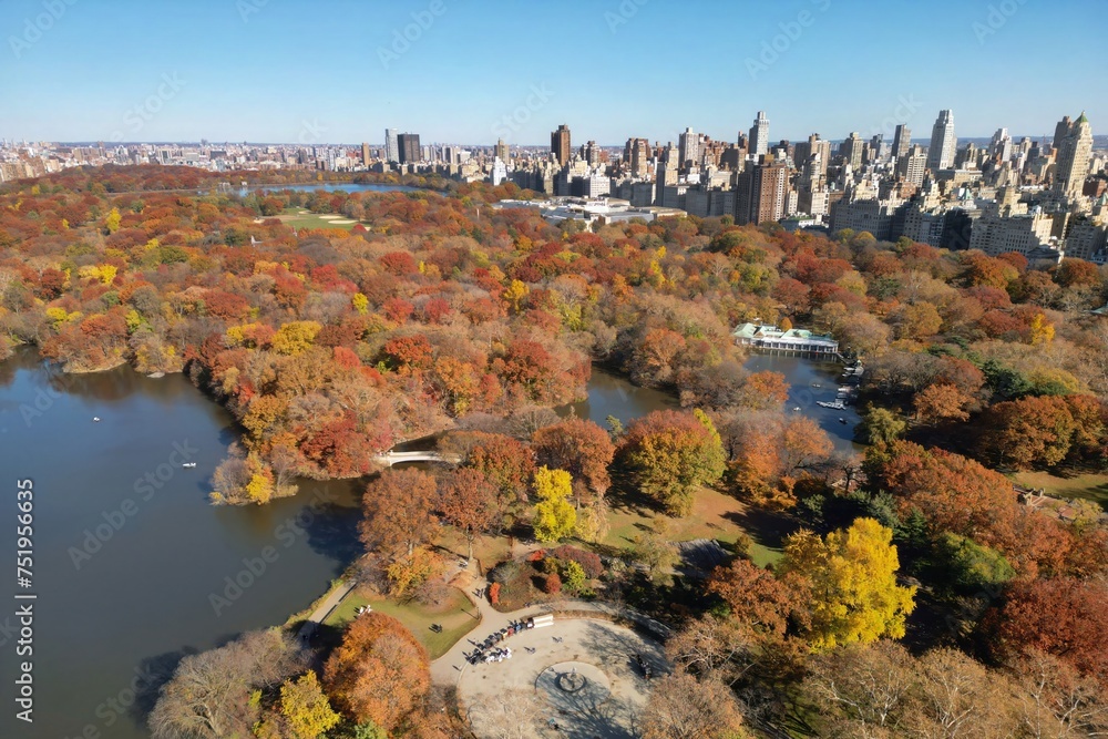 Autumn in Central Park in New York. NYC Central Park with Fall autumnal foliage. Aerial shot of Central Park in Autumn color. Top view of beautiful fall foliage in Central Park NYC.
