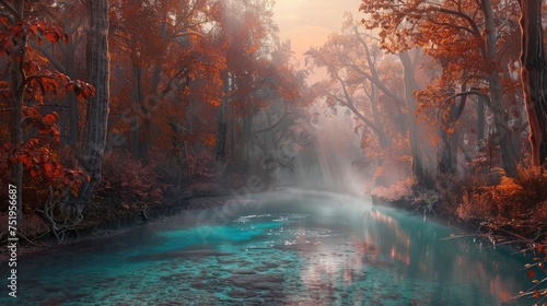 A misty autumn sunrise over a secluded creek  the water a striking shade of turquoise against the rich oranges and reds of the trees lining its banks  creating a peaceful and picturesque setting. 8k