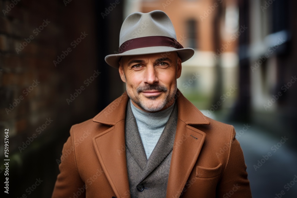 Handsome middle-aged man with hat and coat posing outdoors. Handsome middle-aged man with hat and coat posing outdoors.