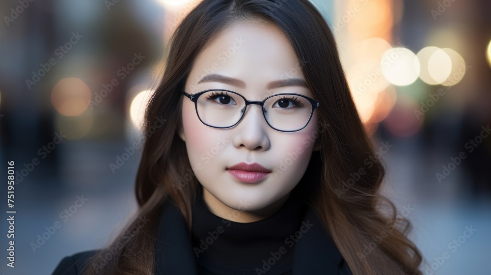 Confident young woman with glasses on city street Confident young woman with glasses on city street