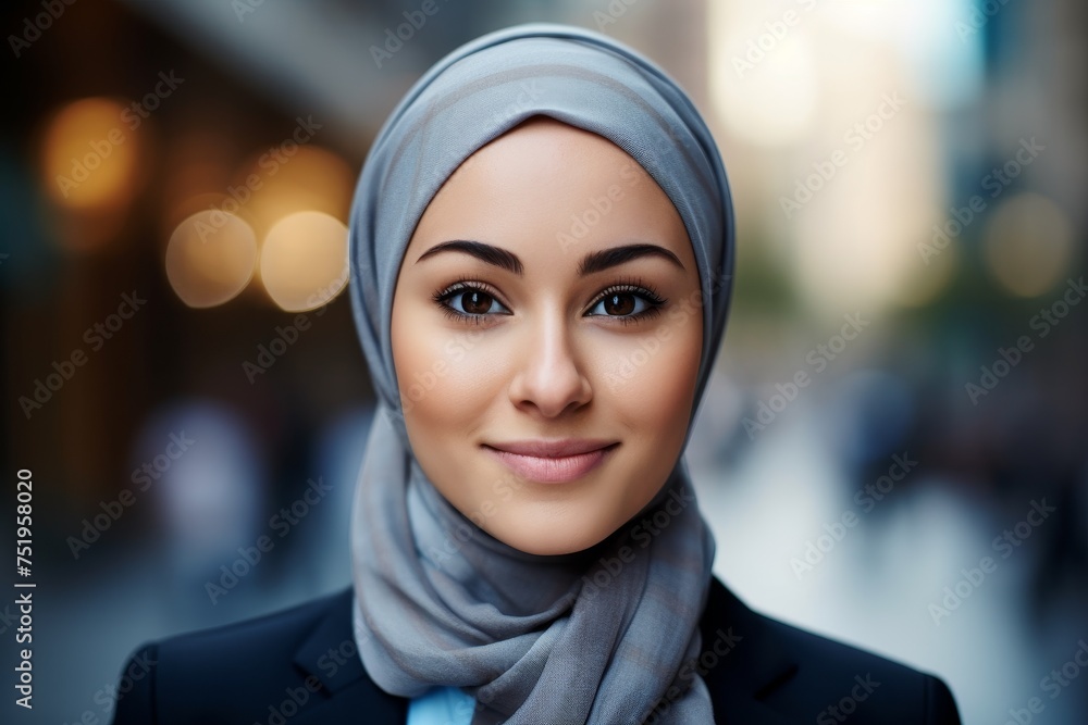 Confident professional woman in hijab smiling in urban setting Confident professional woman in hijab smiling in urban setting