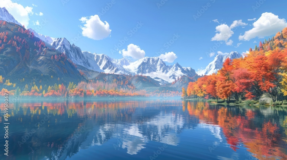 An expansive autumnal panorama of a mountain lake, reflected in the glassy surface beneath a clear blue sky, with the surrounding peaks and forests decked out in a tapestry of fall colors