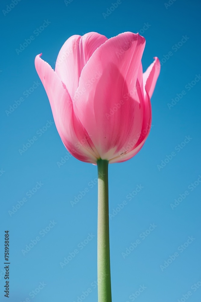 Single pink tulip against a clear blue sky Single pink tulip against a clear blue sky