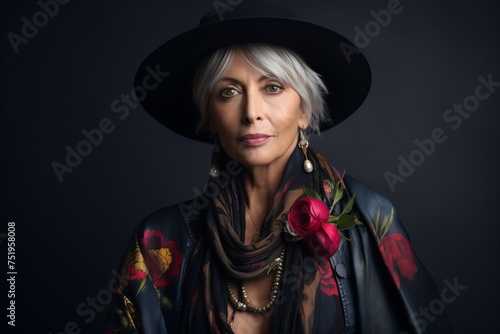 Portrait of a beautiful mature woman with short gray hair wearing a hat and a scarf.