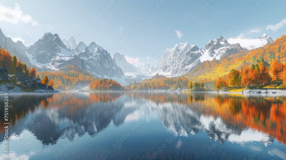 A panoramic view of a mountain lake in autumn, with the surrounding peaks and forests adorned in a tapestry of fall colors, mirrored in the lake's glassy surface under a clear blue sky. 8k A panoramic view of a mountain lake in autumn, with the surrounding peaks and forests adorned in a tapestry of fall colors, mirrored in the lake's glassy surface under a clear blue sky. 8k