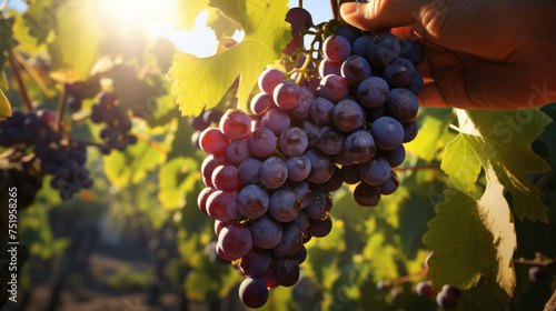 Hand picking ripe grapes in a vineyard, highlighting the human touch in traditional winemaking.