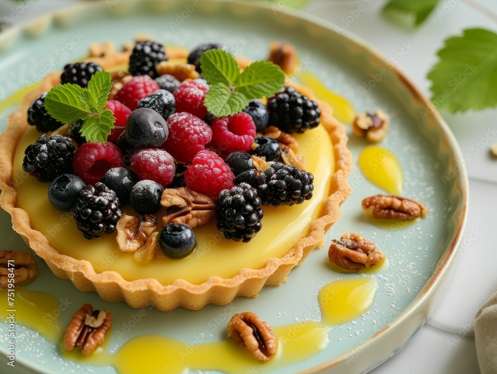 Fresh Fruit Tart with Berries and Nuts on a Plate Fresh Fruit Tart with Berries and Nuts on a Plate