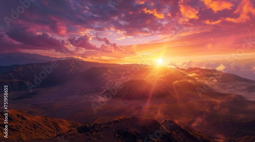A panoramic view of sunrise at Bromo, showcasing the vast, open landscape with the sun peeking over the horizon, casting vibrant hues of orange, pink, and purple across the sky. 8k