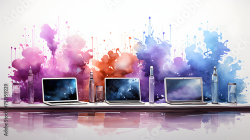 Fototapeta Naklejka Na Ścianę i Meble -  Laptop Desktop Computers watercolor