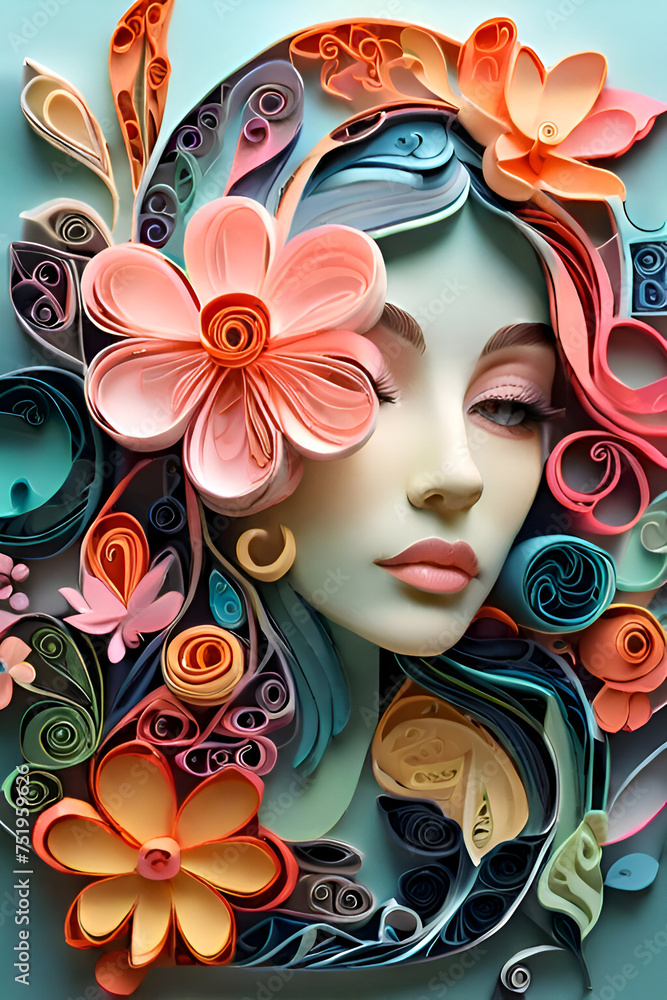 Face of a beautiful girl with abstract flowers in her hair. 3d rendering