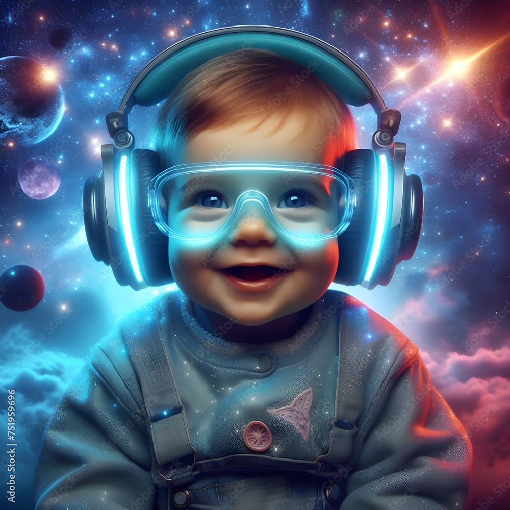 Cute futuristic happy baby wearing glowing headphones and visor glasses in interstellar cosmic outer space Cute futuristic happy baby wearing glowing headphones and visor glasses in interstellar cosmic outer space