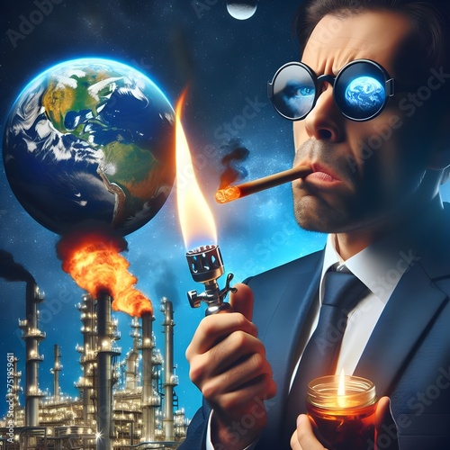 Evil oil refinery executive smoking man holding a blowtorch to blue earth planet in cosmic space, human caused climate change
 photo