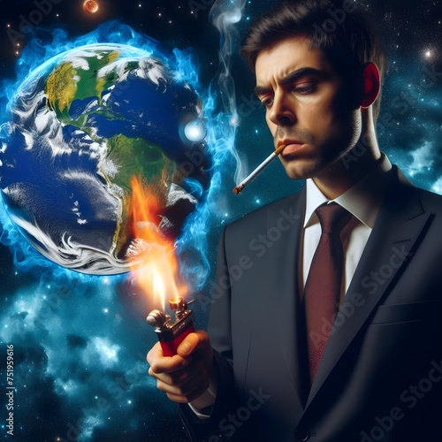 Evil oil refinery executive smoking man holding a blowtorch to blue earth planet in cosmic space, human caused climate change 