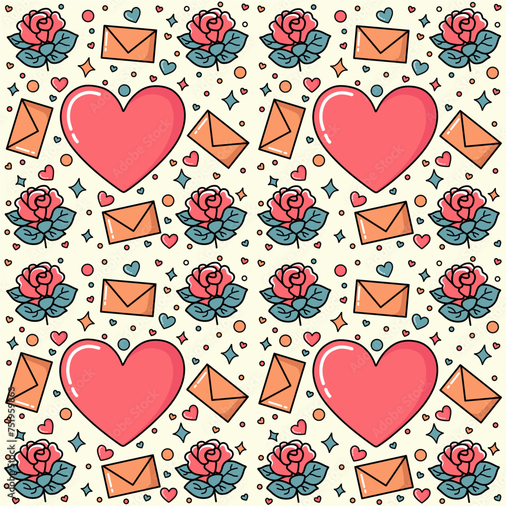 Romantic Whimsy: Pink, Blue, and Orange Rose Illustration Pattern on Cream Background