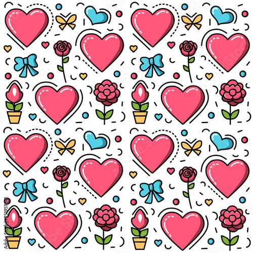 Charming Love: Pink, Blue, Yellow, and Green Pattern with Flowers and Ribbons