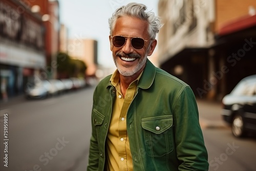 Portrait of a handsome middle-aged man wearing sunglasses in the city