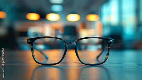 Selective focus on a pair of eyeglasses with a soft bokeh office background enhancing vision and focus