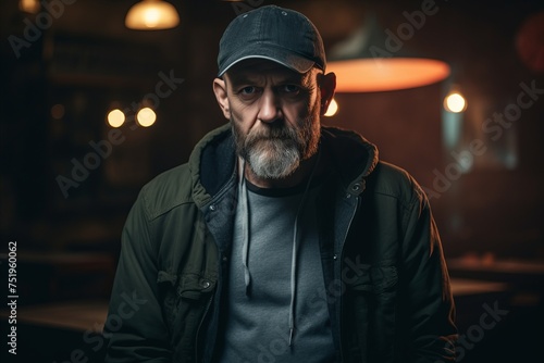 Portrait of a bearded man in a cap and jacket in a cafe