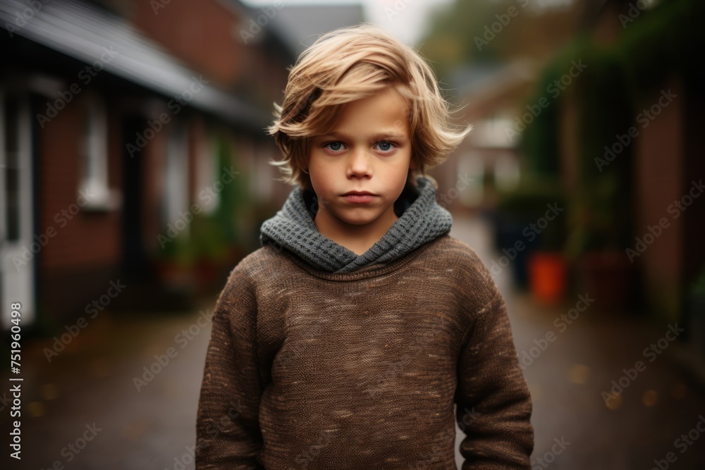 Portrait of a young boy in a warm sweater and scarf on the street