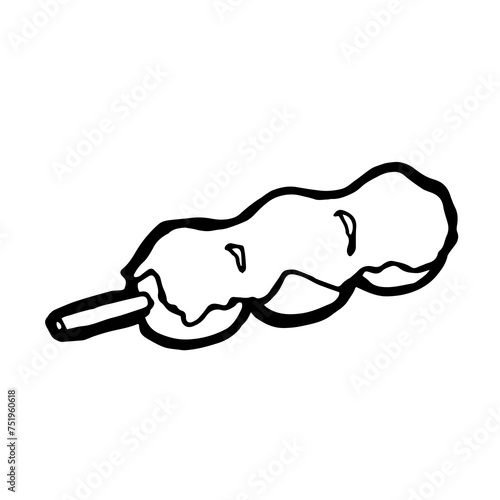 Dango, a digital art of Japanese wagashi sweet dumpling ball on stick hand drawn icon illustration isolated on white background.