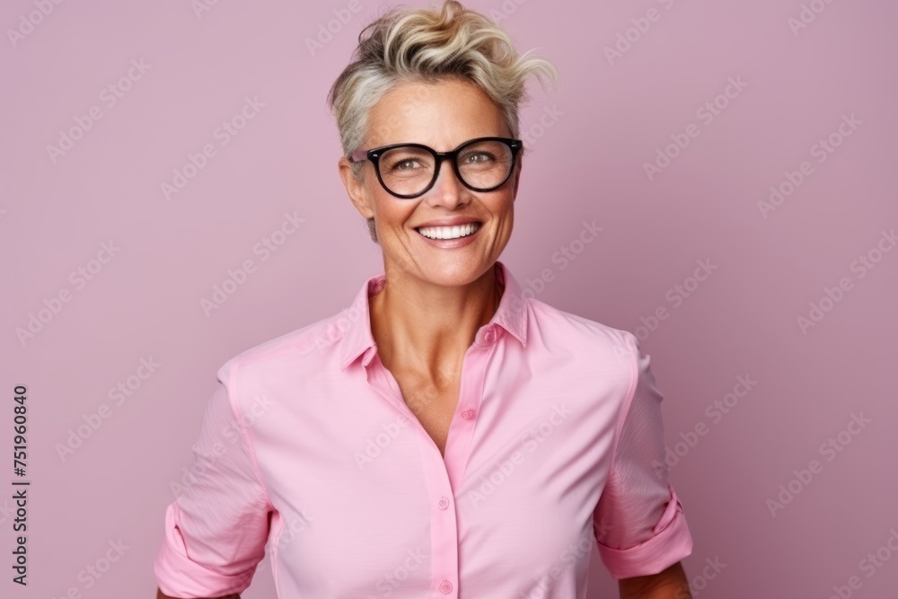 Portrait of a smiling businesswoman in eyeglasses over pink background