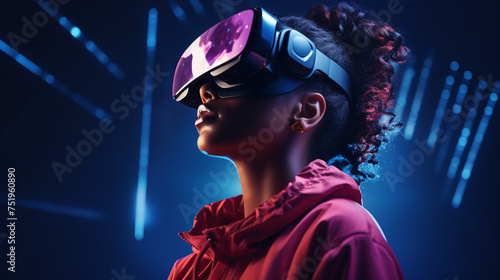 Dark skinned woman with virtual reality glasses doing work on it © Glenn Finch