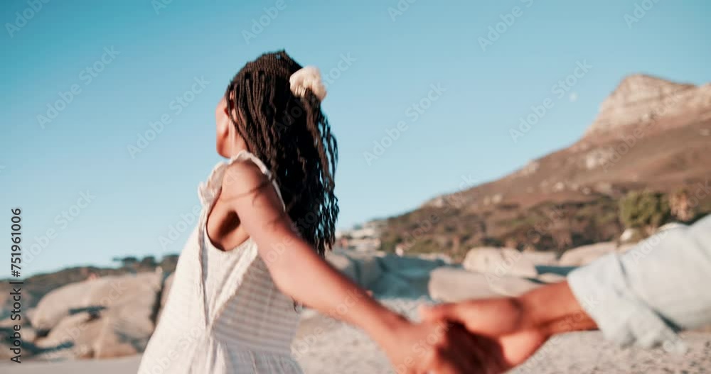 Happy couple, beach and holding hands for love, romance and running with freedom, excited and laughing, Young african woman with smile, travel and playful for vacation in Cape Town, South Africa Happy couple, beach and holding hands for love, romance and running with freedom, excited and laughing, Young african woman with smile, travel and playful for vacation in Cape Town, South Africa