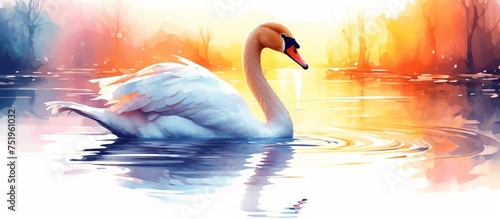 Fototapeta Naklejka Na Ścianę i Meble -  Vector illustration of watercolor swans swimming in the river on a nature background