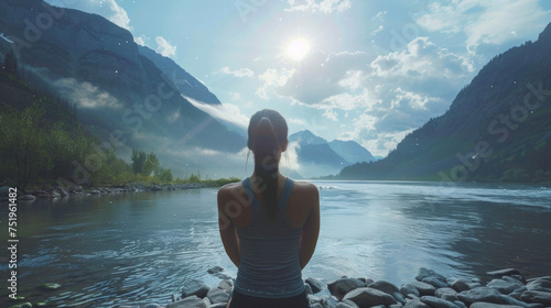 A woman stands in a picturesque outdoor setting surrounded by mountains and a sparkling river. She practices yoga asanas or postures with mindful movements and steady breath
