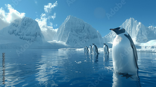 Emperor Penguins in Antarctic Landscape with Ice Mountains