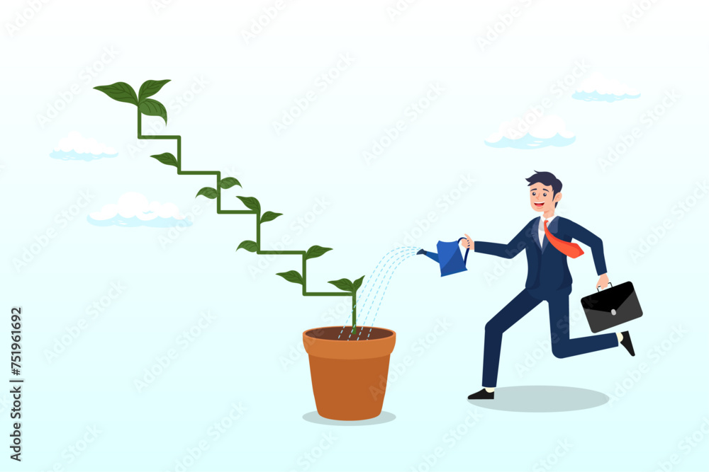 Businessman watering seedling plant growing up as stair to climb to reach success, growth step or career path, job improvement stair or growing investment or stair to success, mentorship (Vector) Businessman watering seedling plant growing up as stair to climb to reach success, growth step or career path, job improvement stair or growing investment or stair to success, mentorship (Vector)