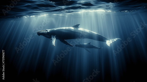 Humpback Whales Gliding Under Ocean Surface with Sun Rays