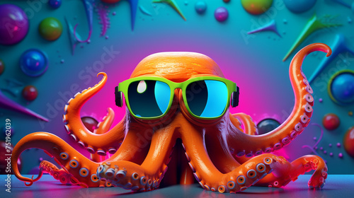 Funny octopus in a studio wearing sunglasses on a vibrant background