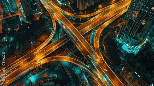 Aerial view of overlapping expressway roads in the city at night.
