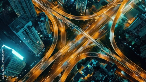 Aerial view of overlapping expressway roads in the city at night.