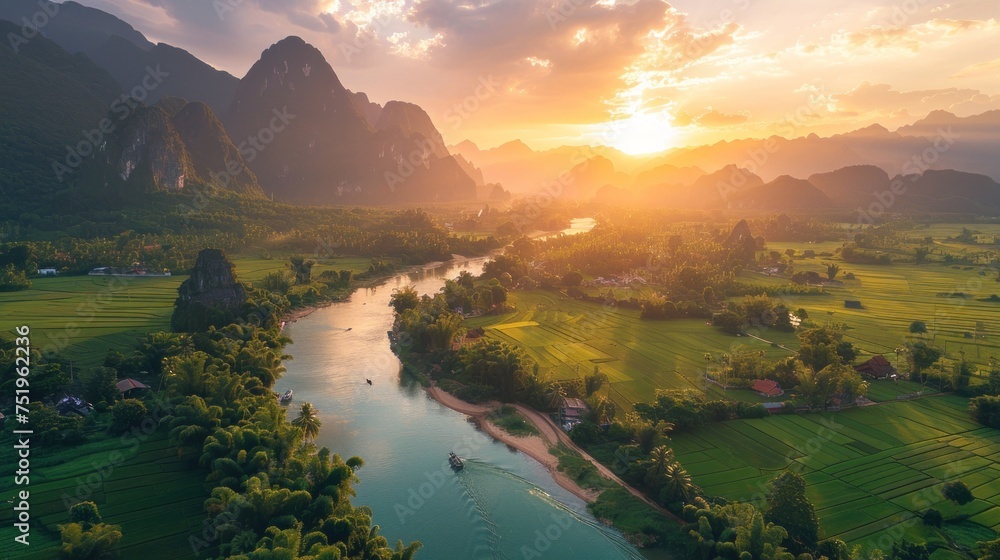 Aerial view of Vang Vieng landscape, Laos at sunset. - obrazy, fototapety, plakaty 