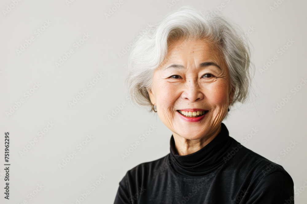 Portrait of old healthy, cheerful beautiful Asian woman smiling and looking at camera with white background. Happy aging society, retirement and senior healthcare concept Portrait of old healthy, cheerful beautiful Asian woman smiling and looking at camera with white background. Happy aging society, retirement and senior healthcare concept