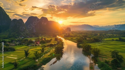 Aerial view of Vang Vieng landscape  Laos at sunset.
