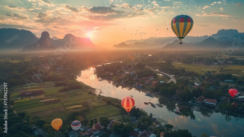 Aerial view of Vang Vieng landscape, Laos at sunset.