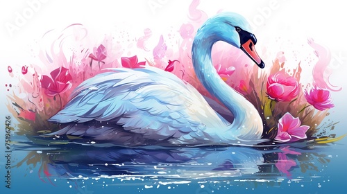 Fototapeta Naklejka Na Ścianę i Meble -  Vector illustration of watercolor swans swimming in the river on a nature background