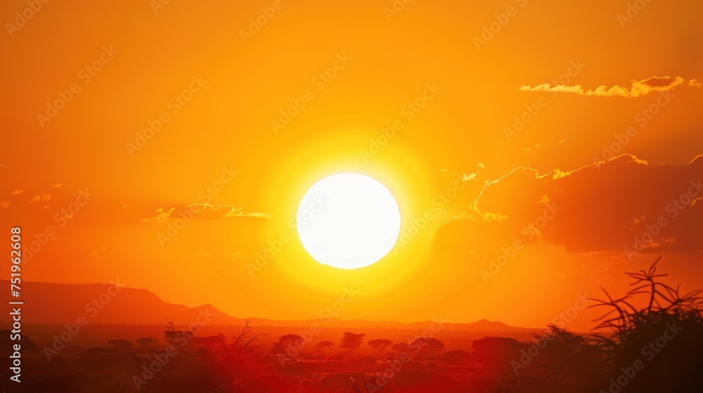 Fototapeta premium Closeup sunset with big sun and cloudless sky. Morning light.