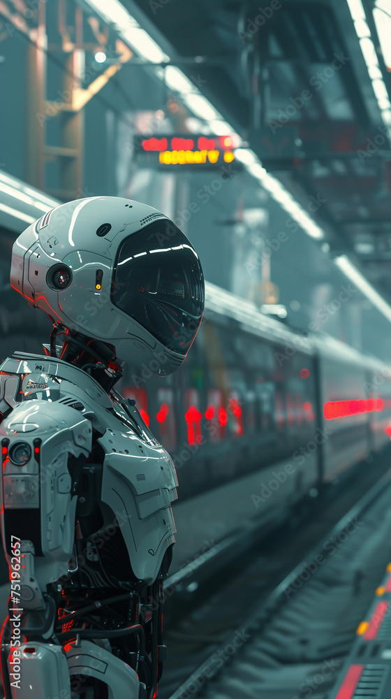 A highly detailed humanoid robot stands on a train platform, hinting at advanced technology and AI in a modern world.