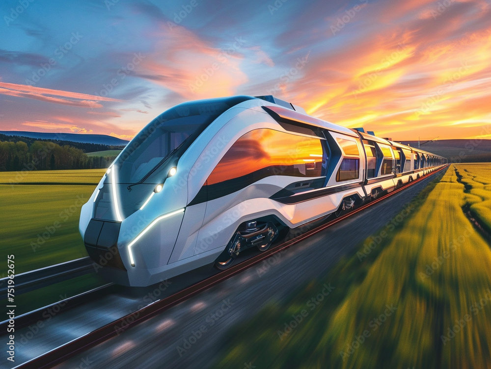 A modern, high-speed train races through a lush field against a vibrant sunset backdrop, symbolizing advanced transportation.