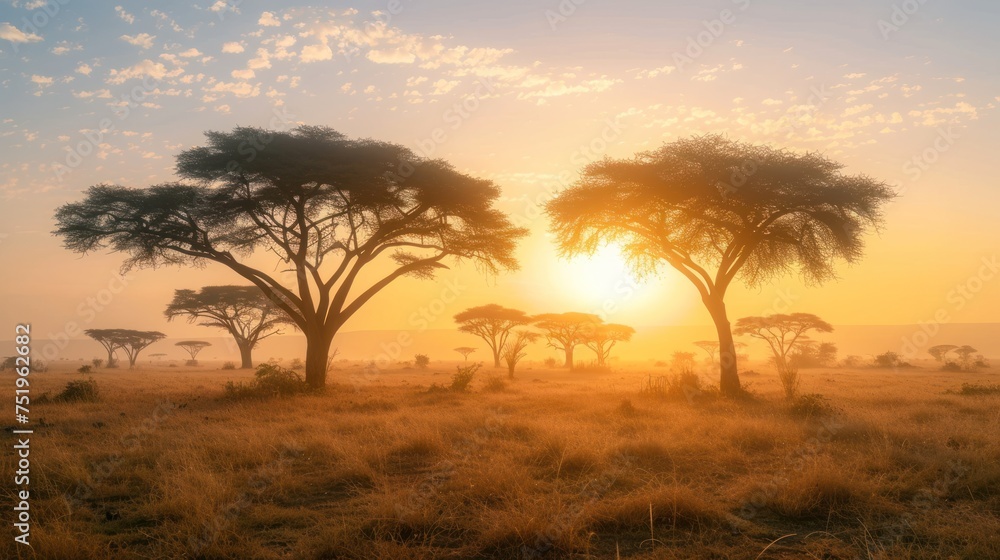 Fototapeta premium Closeup sunset with big sun and cloudless sky. Morning light.