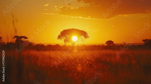 Closeup sunset with big sun and cloudless sky. Morning light.