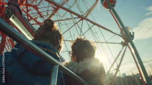 Two teenagers enjoying the view from a Ferris wheel