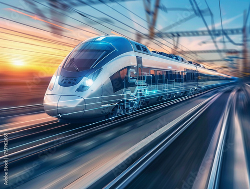 Modern high-speed passenger train racing through a scenic route at sunset, showcasing advanced transportation.